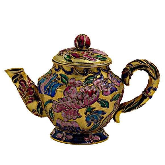 Vintage Small Cloisonné Hand-Painted and Enamel Gold Gilt Teapot and Lid - Picture 9 of 9